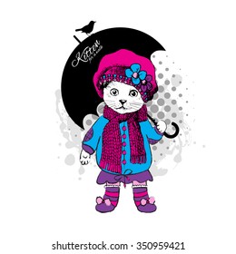 Vector cat in a pink beret with umbrella and bird. Kitty for a walk. White cat in a dress and shoes. Blue, pink, violet, black.
