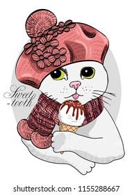 Vector cat with pink hat, knitted scarf and  ice cream. Hand drawn illustration of dressed kitten. 
