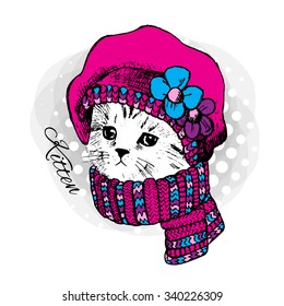 Vector cat in a pink hat and scarf. White kitten in beret with blue flowers.