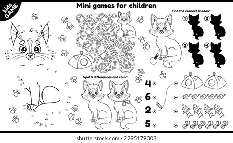 Colocación de gatos vectores para niños. Juego de esquemáticas juegos para niños con caricatura lindo gatito. Juega y colorea. Funda de actividad imprimible con laberinto, conectar los puntos y el color, encontrar diferencias y otras.