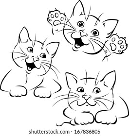 vector cat playing - black outline illustration 