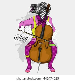 Vector cat plays cello and sings. Hand drawn illustration of dressed zebra. Musician. 
