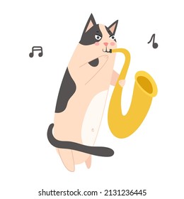 vector Cat plays the Saxophone. A hand drawn Kitten with black spots plays a brass Musical Instrument. Cute Jazz Musician. Flat illustration isolated on white.