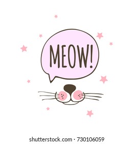 Vector cat for print T-shirt, mustache, nose, meow 