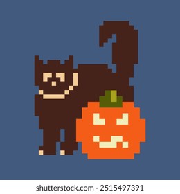 Vector cat pumpkin art, halloween holiday. Pixel art. Vector. Halloween.