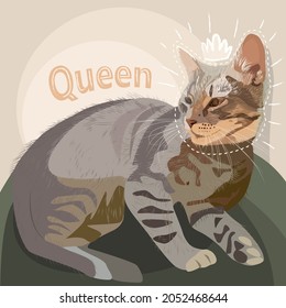 Vector cat queen. Portrait of a cat with a crown. The cat queen is resting.