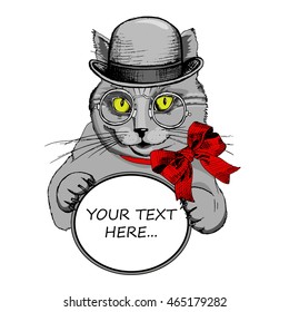 Vector cat with a red bow and frame.