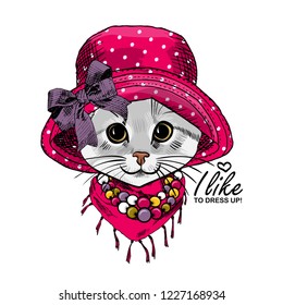 Vector cat with red hat, bow, red scarf and necklace. Hand drawn illustration of dressed kitten. Fashion cat-girl.