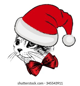 Vector cat in a red hat and bow. Santa in red. Christmas kitten.