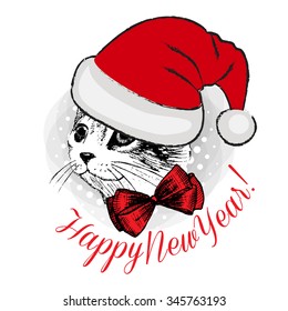 Vector cat in a red hat and bow. Santa. Happy New Year. Cristmas.