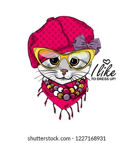 Vector cat with red hat, yellow glasses, scarf and necklace. Hand drawn illustration of dressed kitten. Fashion cat-girl.