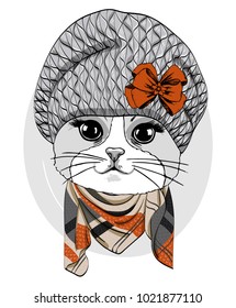Vector cat with red knitted beret and scarf. Hand drawn illustration of dressed cat.