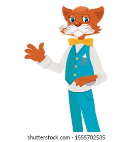 
Vector cat. Restaurateur. The representative of the cafe. Cat in a suit.
