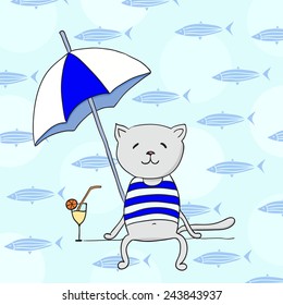 Vector cat sailor. Marine background with fish 