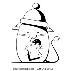 vector cat with a sandwich in its paws, contour drawing, stroke