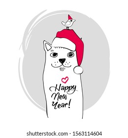 Vector cat - santa claus with a red cap and bird. Hand drawn illustration of dressed owl. Happy New Year.