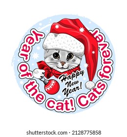 Vector cat - santa claus in a red hat. Hand drawn illustration of pretty cat.Greeting card. t Happy New Year