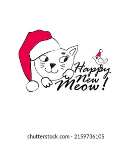 Vector cat - santa claus in a red hat. Hand drawn illustration of pretty cat.Greeting card. Happy New Year