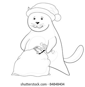 Vector, cat Santa Claus with sweet and gift bag, contours