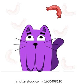 Vector cat with sausage. Cartoon cat. Print for a t-shirt.
