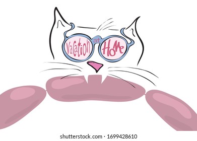vector cat with a sausage in his teeth and glasses with the inscription. vacation at home