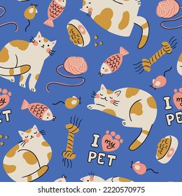 Vector cat seamless pattern. Cute animals fabric design. Cat care equipment seamless pattern in hand-drawn style.