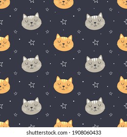 vector cat seamless pattern design, cute cats head with funny expressions isolated in black background, animal vector background, template for kids