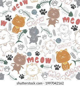 Vector cat seamless pattern design with paws, fishbones and yarns elements inspired by my 8 kittens . Designed by Daania at deeyana83*yahoo.com.
