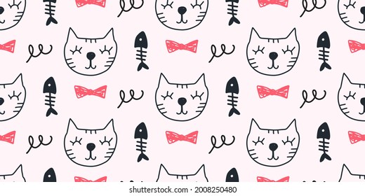 Vector Cat seamless pattern. Hand drawn cute kitty cartoon character. For kids fashion textile, kitten doodles, birthday greeting card, baby shower design, wrapping paper.