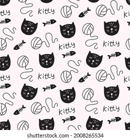 Vector Cat seamless pattern. Hand drawn cute kitty cartoon character. For kids fashion textile, kitten doodles, birthday greeting card, baby shower design, wrapping paper.