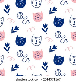 Vector Cat seamless pattern. Hand drawn cute kitty cartoon character. For kids fashion textile, kitten doodles, birthday greeting card, baby shower design, wrapping paper.