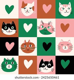 Vector cat seamless pattern on checkered background. Cats and hearts. Love seamless texture. Funny design for Valentine's Day. Kitty illustration for cat lovers