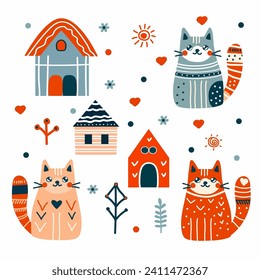 Vector cat set, cat house, valentine's day
cat house