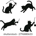 Vector cat silhouette set with playful feline poses and toy interaction