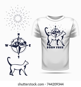 Vector cat silhouette view side for retro logos, emblems, badges, labels template vintage design element. Isolated on t-shirt blank