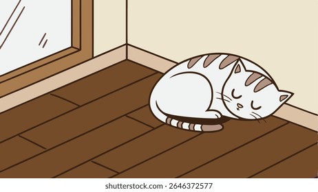 Vector cat sleeping on wooden floor in cozy room corner. illustration perfect for stock images, children's content.