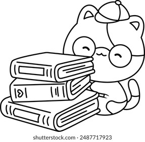 a vector of a cat with a stack of books in black and white coloring