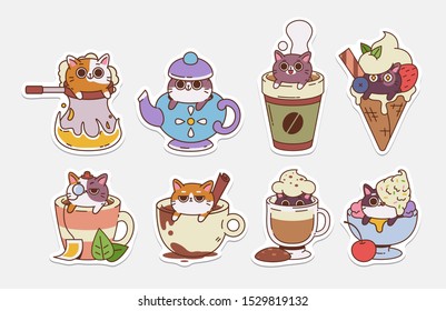 Pegatinas para gatos vectoriales. Ilustraciones de bebidas Con gatos lindos. Bebidas calientes y helados