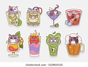 Vector Cat stickers. Illustrations of drinks With cute cats. Alcohol drinks and coctails.