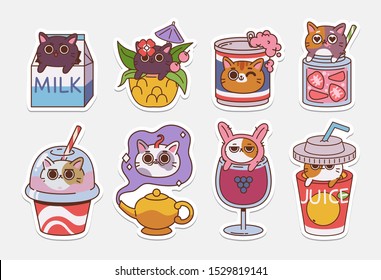 Vector Cat stickers. Illustrations of Drinks With cute cats. Non alcoholic drinks and coctails.