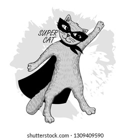 Vector cat superhero with mask and cloak. Hand drawn illustration of super cat.