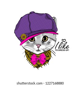 Vector cat with violet hat, pink bow and scarf. Hand drawn illustration of dressed kitten. Fashion cat-girl.