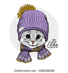 Vector cat with violet knitted hat and knitted scarf. Hand drawn illustration of dressed cat.