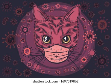 Vector cat in a viral mask , covid-19
