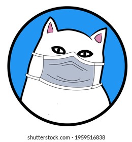 vector of a cat in white color wearing a face mask. on a blue and white background. covid 19 theme. Animal logo