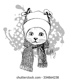 Vector cat in a white hat and scarf