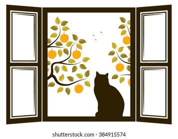 vector cat in the window and apple trees outside the window