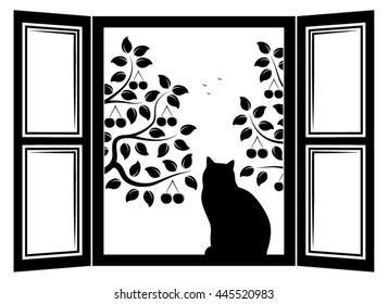 vector cat in the window and cherry trees outside the window