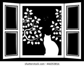 vector cat in the window and cherry trees outside the window