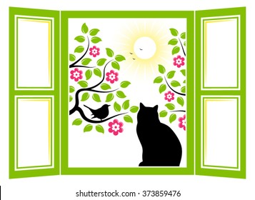 vector cat in the window and flowering trees with bird outside the window